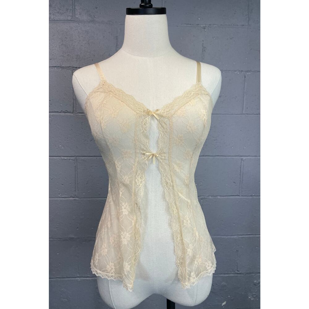 Vintage 1970s Peach Nylon Lace Front Camisole Open Front Peek-A-Boo SZ XS Small